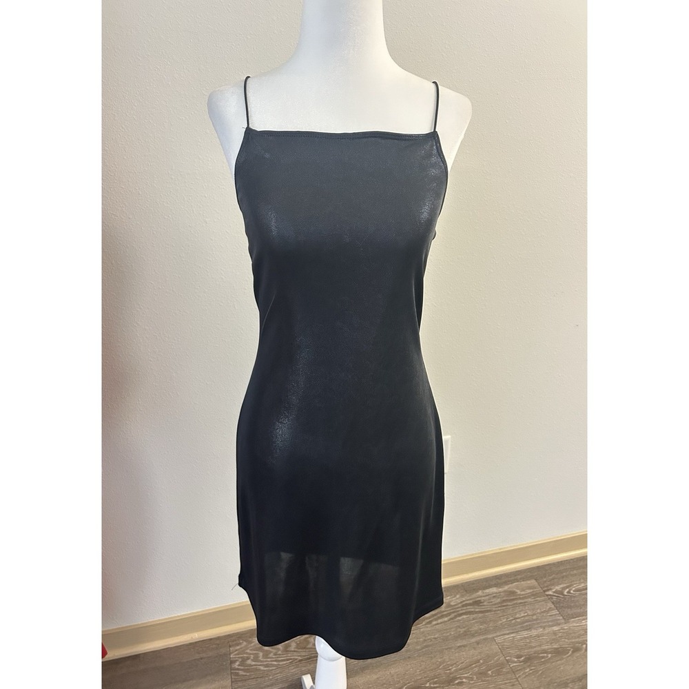 VTG Per Seption Shimmer Stretch Black Mini Dress Y2K 90s Grunge Gothic Indie